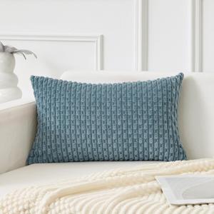 Kevin Textile 14x20 Inch Pillow Cover 1 Pack Boho Decorative Soft Striped Corduroy Lumbar Farmhouse Solid Color Accent Rectangle Cushion Case for Living Room Couch Sofa Bed, Blue Grey