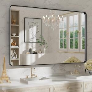 WEER Black Bathroom Mirror 48X30 Inch Metal Framed | Matte Black Vanity Mirror, Rounded Rectangle, Tempered Glass, Anti-Rust, Wall Mounted, Hangs Horizontally or Vertically