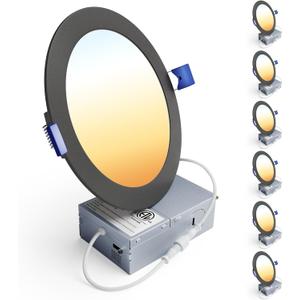 Ensenior 6 Pack 6 Inch LED Recessed Light, Dimmable, 2700K-5000K 5CCT, 1200LM High Brightness, 12W 120V, Damp Rated, Ultra-Thin Canless Wafer Light, Black - ETL & FCC & IC