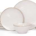 famiware Tempus Plates and Bowls Sets for 6, 18 Pieces Stoneware Dinnerware Sets, Dishes Set, Reactive Glaze Dishware Sets, Dishwasher & Microwave Safe - Antique White