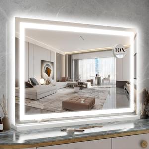 ROLOVE 31" x 22" Large Lighted Vanity Mirror with Lights, Dimmable 3 Modes, LED Makeup Mirror for Bathroom  Dressing Room, Tabletop or Wall-Mounted, 10X Magnification, White