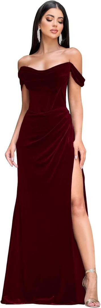 Velvet Long Prom Dresses with Slit 2026 Off Shoulder Mermaid Bridesmaid Dress for Women Wedding Guest Gown, Size 8