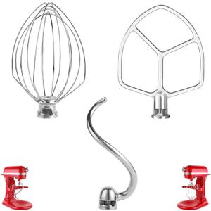Stainless Steel 3 Piece kit AttachmentsDough Hook 6 Wire Whisk Flat Beater Compatible with KitchenAid 5 Plus -6QT MixerBowl Lift Stand Mixer AccessoryRust ResistantDishwasher Safe