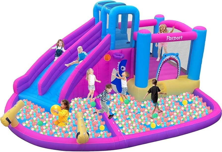 FBSPORT Inflatable Bounce House Double Slide,Water Slide Park Bounce House with Ball Pit,Water Cannon, Climbing Wall, Kids Bouncy Castle with 550W Air Blower for Backyard, Outdoor, Indoor
