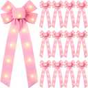 Crowye 12 Pcs Large LED Christmas Bows Lighted Xmas Velvet Bows Decoration Wreath LED Light Bow Christmas Tree Topper for Indoor Outdoor Xmas Winter Decoration(8 x 19 Inches,Pink)