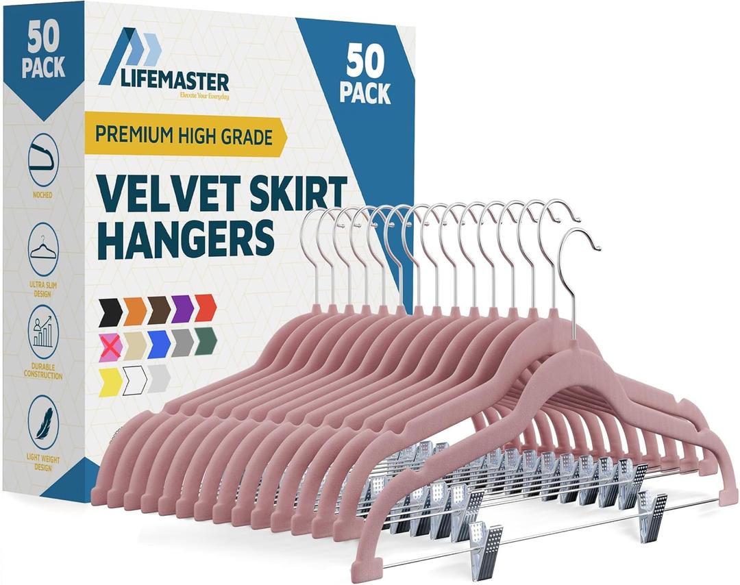 Velvet Pants Hangers  with Adjustable Clips, 360 Degree Swivel Hook, and Non-Slip Shoulder Notch, Holds Up to 10 lbs, for Organizing Skirt, Pants, Dress, and Clothes, Pack of 50, Pink