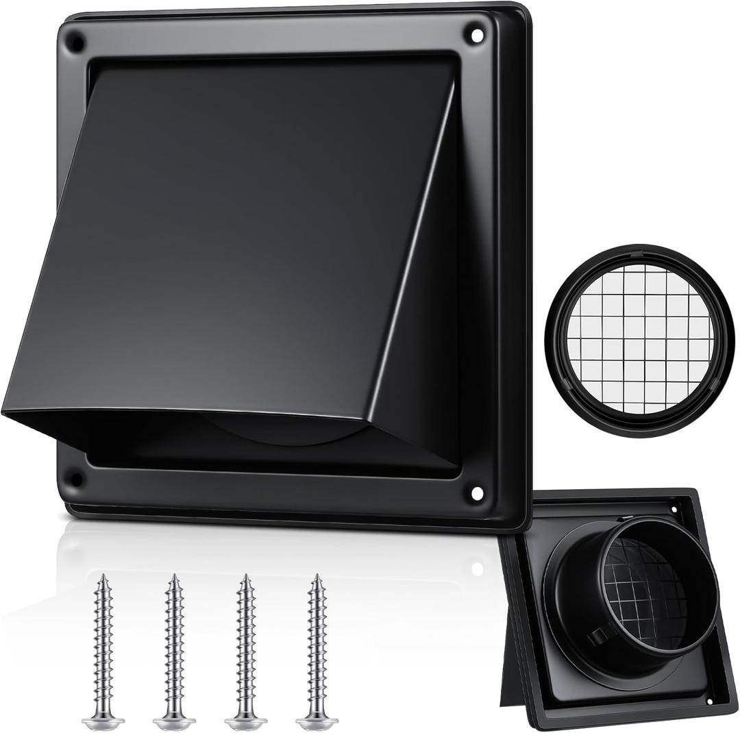 Gisafai 4'' Dryer Vent Cover Outside Walls External Extractor Fan Exhaust Vent Cap Stainless Steel Hood Cushioned Non Return Flap with Sealing Gasket Grille Screen(Black)