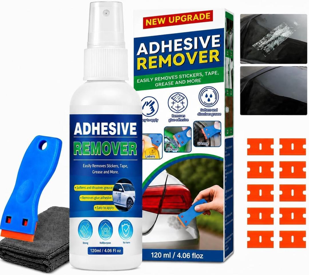 Clennaner Adhesive Remover, 4.06 Oz Sticker Remover for Cars, Windows, Floor, Glue Remover with Plastic Razor Blade Scraper  Rapidly Removes Labels, Stickers, Glue, Tape, Gum, Wax