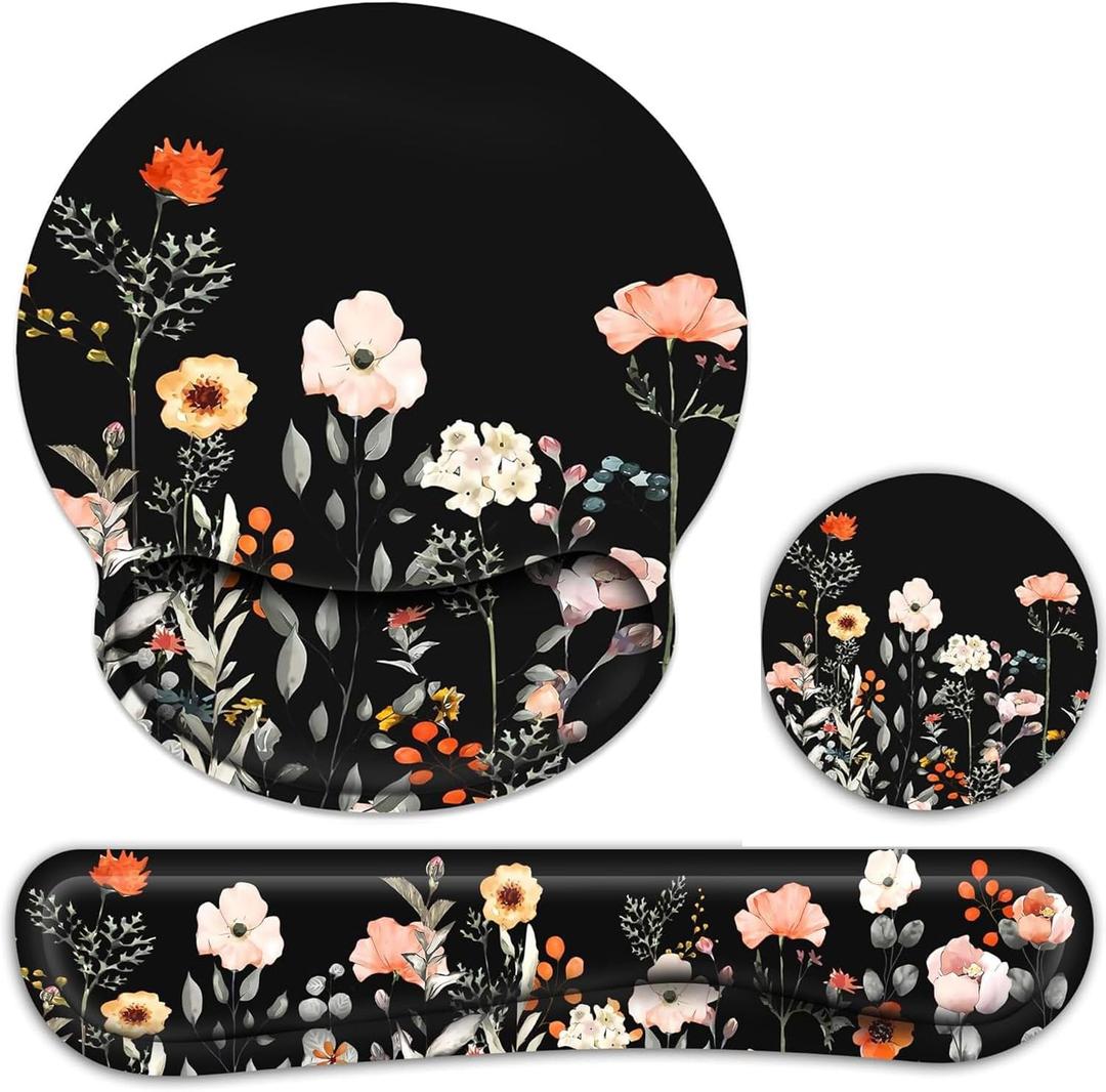 Ergonomic Mouse Pad with Wrist Rest and Keyboard Wrist Rest, Wrist Rest for Computer Keyboard, Easy Typing, Pain Relief, Black Mouse Pad with Wrist Support for Gaming,Office, Laptop, Garden Flowers