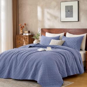 DOWN HOME Queen Quilt Set with Shams Lightweight Quilted Bedspread Coverlet Thin Comforter Bed Cover Vintage Washed Quilted Blanket for All Season, Brushed Microfiber Diamond Stitching, Blue, 88"x92"