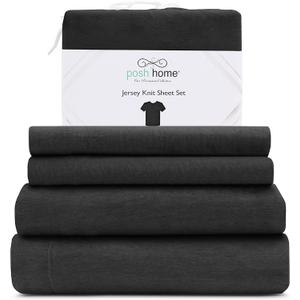 Posh Home Jersey Knit Sheet Set 4-Piece Cotton Bed Sheets T-Shirt Breathable & Soft, Includes Fitted Sheet, & 2 Pillowcases - California King, Black