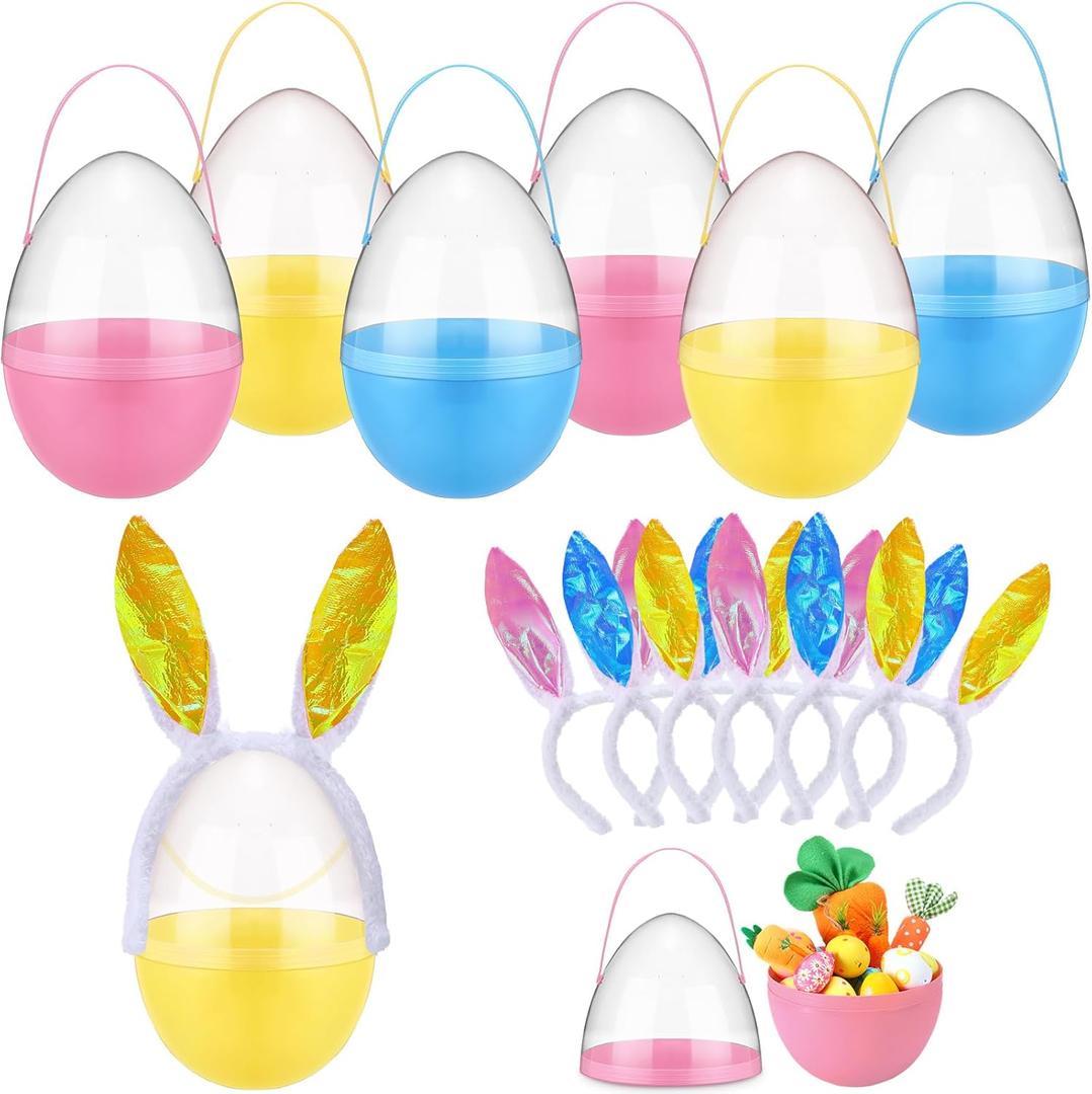 Foilswirl 6 Set 10 Inch Jumbo Easter Egg Plastic Fillable Giant Large Easter Eggs with Handles Rabbit Headband Colorful Big Egg Bucket Stuffers for DIY Hunt Decoration Party Supplies(Pure Color)