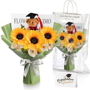 Giegxin Graduation Bear Flower Bouquet Set Graduation Bouquet Gift Graduation Bear Artificial Sunflower Rose Bouquet Greeting Card Gift Bag for Her Him Grad Party Gifts Favors Supplies(Green)