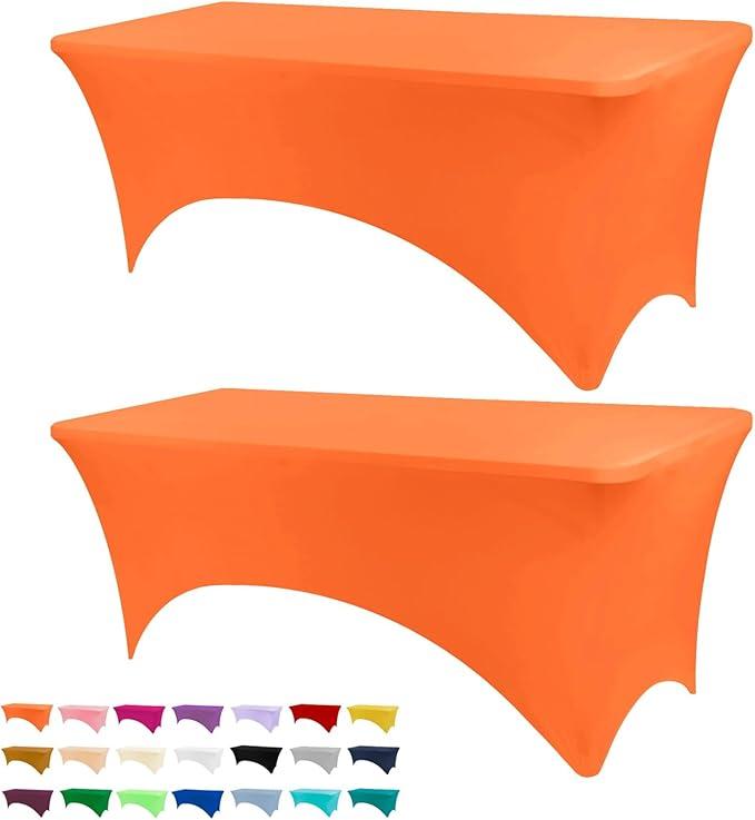 BDDC Table Covers for 6 Foot Tables, 2 Pack Orange Washable and Wrinkle Resistant Stretch Tablecloths Rectangle 6ft for Events, Wedding, Banquets, Parties