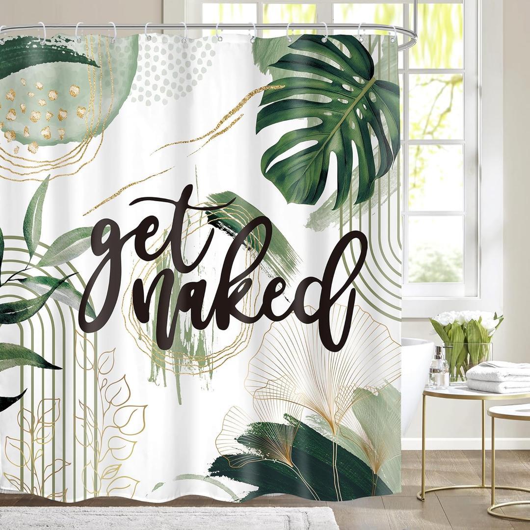 Green Boho Shower Curtain 60Wx72H Bohemian Sage Green Golden Leaves Get Naked Abstract Mid Century Modern Plant Botanical Bathroom Decor Minimalist Bath Curtain Fabric Polyester 12 Pack Hooks