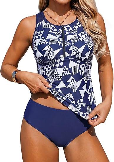 ZAFUL Womens Tummy Control Tankini Swimsuits Two Piece Bathing Suit Zip Neck Modest Swimwear with High Waisted Bottom, M
