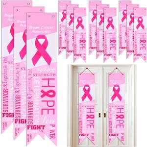 12 Pieces Breast Cancer Awareness Banner Pink Ribbon Hanging Banner Decorations Hope Faith Strength Courage Porch Sign Background for Party Breast Cancer Awareness Event