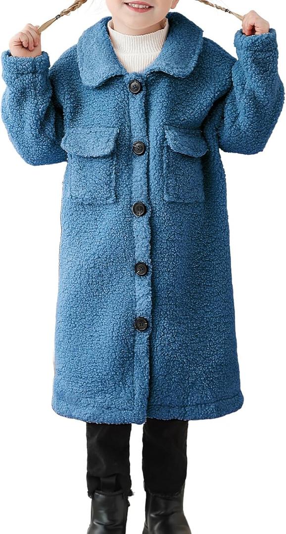 Long Coat for Girls Fleece Jackets 4-7 Years Knee-Length Lightweight Coats (Blue)