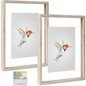 MUYE 11x14 Floating Frames Distressed Beige White Wood Pattern,Double Glass Picture Frame Set of 2 Display Any Size Photo up to 11x14,Wall Mount or Tabletop