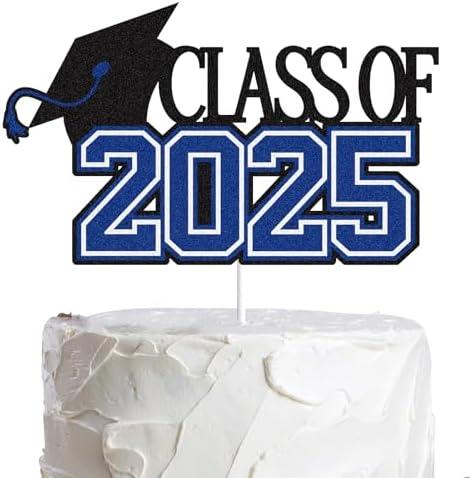 LINGBOOM Class of 2025 Graduation Cake Topper Blue Glitter Grad 2025 Happy Graduation We are So Proud of You Cake Decorations Congrats Grad Party Supplies Set of 4