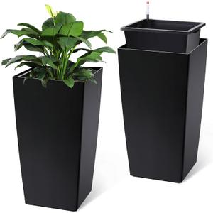 Garvee 30" Tall Planters Set of 2, Outdoor & Indoor Black Planter Pots, High Front Porch Planter Pots with Drainage Holes & Water Level Monitor & Inner Bucket, Black