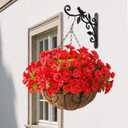 Homsunny Artificial Fake Hanging Flowers Plants with Basket for Outdoor - Fake Petunias Flowers Fake Silk Morning Glory Planter for Outside Porch Patio Balcony Garden Spring Summer Decor(Rose red)