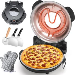 Electric Pizza Oven Indoor with Glazed Ceramic Stone, 12-Inch Portable Countertop Pizza Maker with Adjustable Timer, 1200W Heat up to 800F Pizza Maker with Viewing Window for Home DIY Pizza
