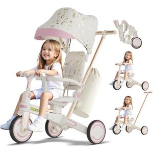 WinHope 9-in-1 Foldable Kids Tricycle with Push Handle and Canopy(Pink), 19.7 inches x 28.7 inches x 37.8 inches