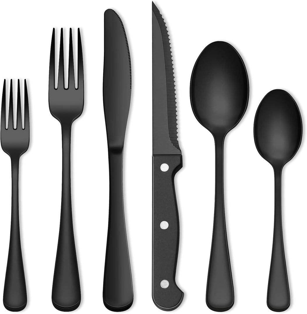 72-Piece Black Silverware Set, Umite Chef Flatware Set with Steak Knives for 12, Food-Grade Stainless Steel Cutlery Set, Includes Spoons, Forks, Knives, Kitchen Cutlery for Home Office, Restaurant, Hotel
