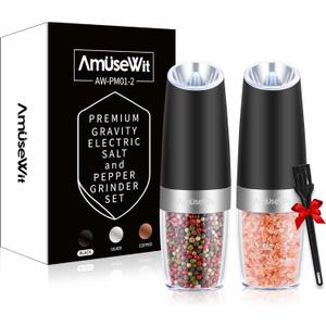 AmuseWit Gravity Electric Salt and Pepper Grinder Set of 2 [White Light] Battery Operated Automatic Pepper and Salt Mills with Light,Adjustable Coarseness,One Handed Operation,Black