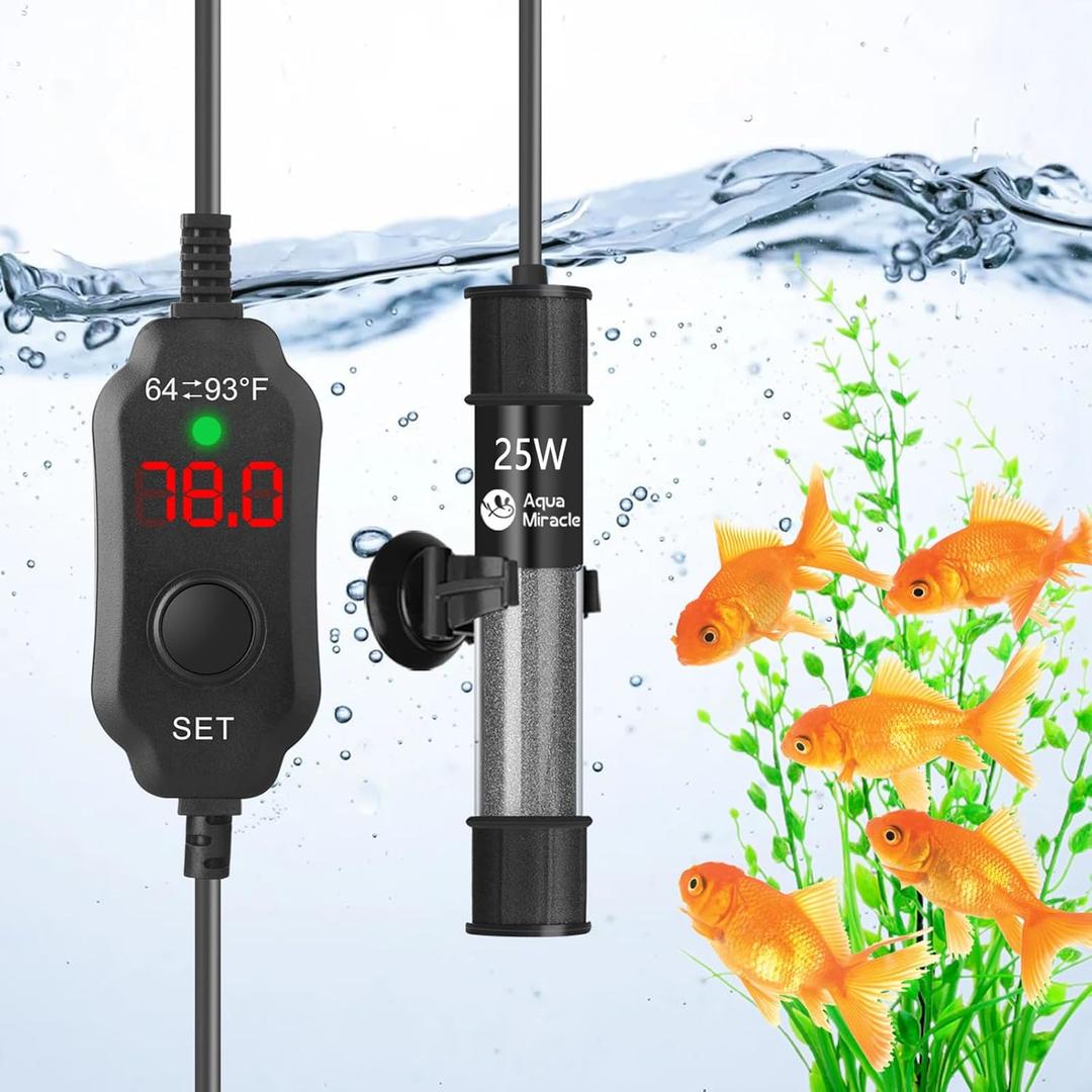 AquaMiralce Aquarium Heater 25W Turtle Heater for 3-5 Gal Tanks, LED Digital Display Fish Tank Heater with Auto Power-Off When Leaving Water & High Temp Protection