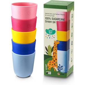 SUGARCANE Kids Cups 10 oz - 5 Pack, USDA & LFGB Certified Toddler Cups - BPA Free - Dishwasher Safe, Reusable, Unbreakable - Multi (5Multi (Blue / Pink / Yellow))
