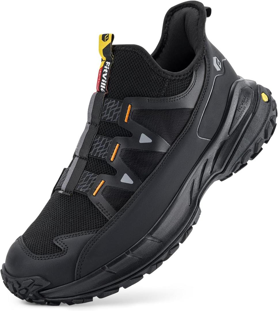 FitVille Extra Wide Sneakers for Men Slip-on Shoes, Soft Comfortable Mens Running Shoe, Slip Resistant Hiking Walking Shoes with Arch Support & Wide Toe Box (Black, US 13)