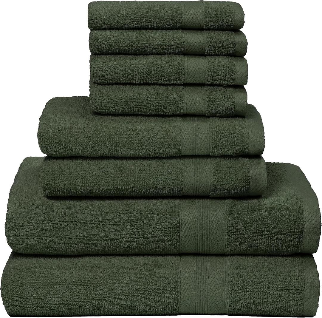 BOUTIQUO 8 Piece Towel Set 100% Ring Spun Cotton, 2 Bath Towels 27X54, 2 Hand Towels 16X28 and 4 Washcloths 13X13 - Ultra Soft Highly Absorbent Machine Washable Hotel Spa Quality - Olive Green