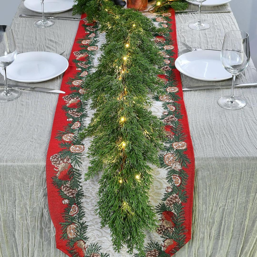 3PCS 6.2FT Christmas Garland with Lights, Real Touch Cedar Garland Thick and Lush Greenery with Soft Artificial Pine Branches for Mantle Fireplace Table Wall Outdoor Indoor Christmas Decorations