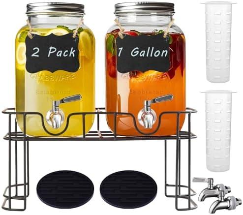 Galssmagic 1 Gallon Glass Drink Dispenser with Stand,2 Pack Glass Beverage Dispenser with Stainless Steel Spigot,Water Lemonade Dispenser for Parties