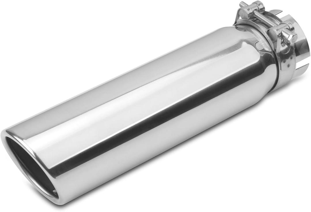 Vurkcy 2.5 inch Inlet Exhaust Tip, 3" Outlet 12" Overall Length Stainless Steel Exhaust Tail Pipe, Clamp-On, Rolled Edge, Slant Sleek Angle Cut, Polished Tailpipe, Silvery