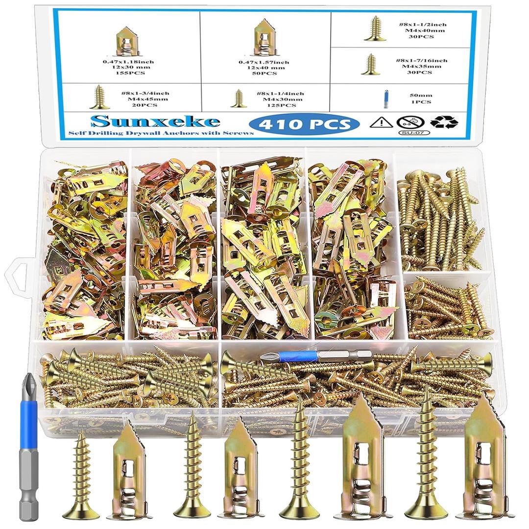 410 PCS Self Drilling Drywall Anchors with Screws Kit - 2 Sizes Sheetrock Anchors & 4 Sizes Zinc Expansion Screws,2025 Upgraded Zinc Plated Steel,No Drill Needed, Holds Up to 66LB on Walls