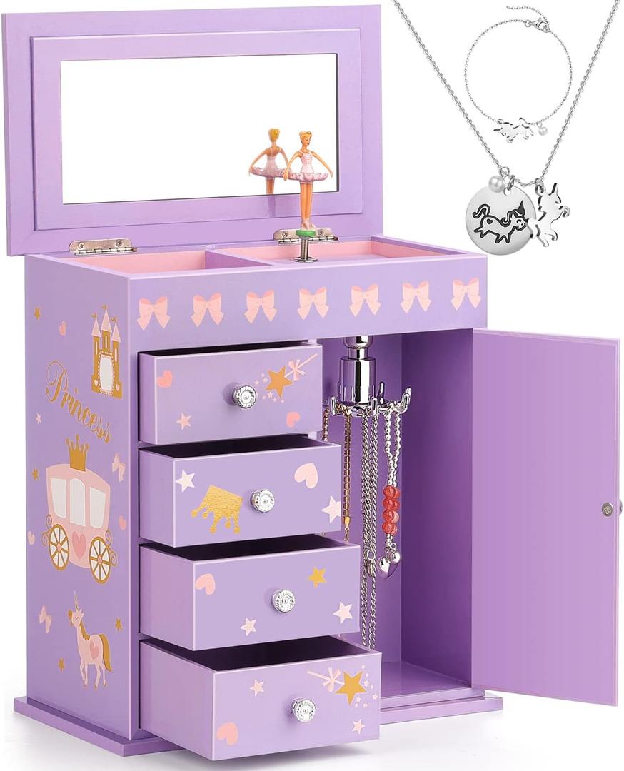 Upgrade Jewelry Box for Girls 5-Layer with Swing Door Spinning Ballerina Unicorn &Castle Design Unicorn Jewelry Set Included Kids Music Box for Little Girls Birthday Christmas Gift Purple
