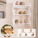 3 Tier Wooden Floating Wall Shelves with Hooks, Rustic Farmhouse Wall Mounted Storage Shelf, Decorative Curved Side Wall Organizer Display Rack for Bedroom, Bathroom, Living Room, Kitchen, White, 19.7x5.9x23.6 In