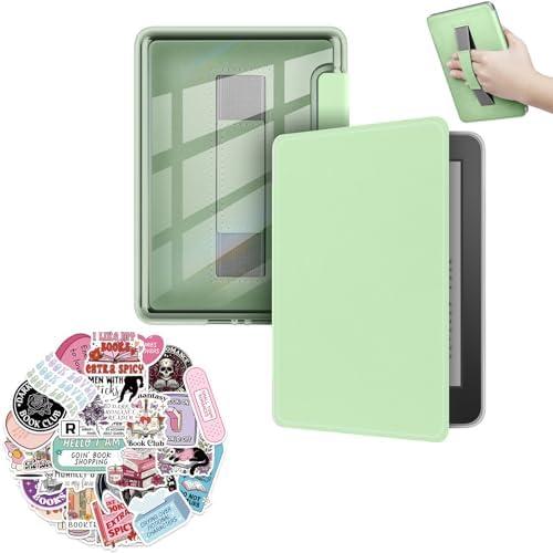 HGGWZWIF Case for Kindle Paperwhite 12th Generación 2024 7" & Kindle Colorsoft Signature Edition 7", with Stickers, PU Cover + TPU Hard Clear Back with Hand Strap, Auto Sleep/Wake, Matcha-Green