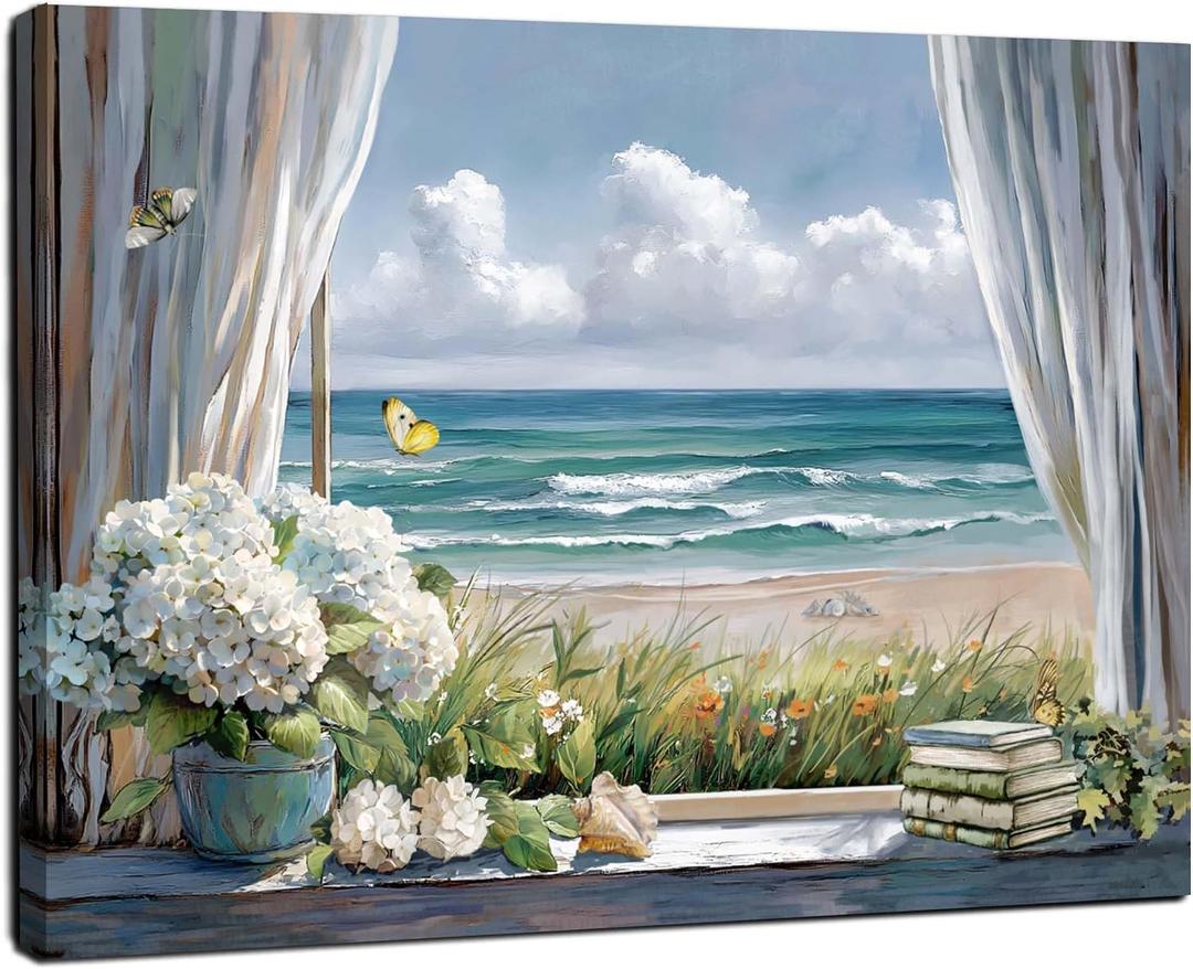 Living room large beach picture wall art, blue ocean painting decorate bedroom, relax sea view artwork Size: 24"L x 32"W