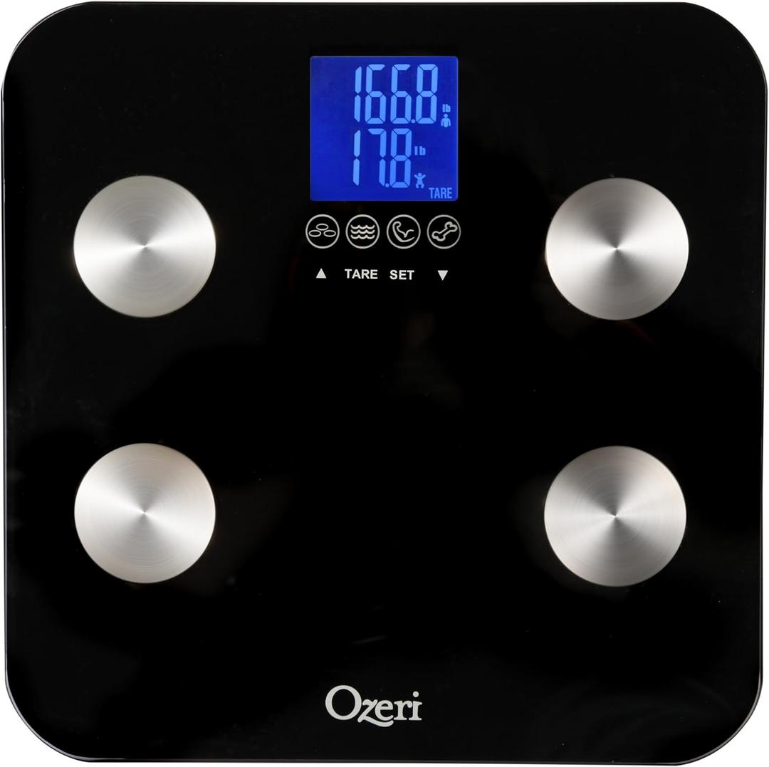 Ozeri Touch 440 lbs Total Body Weight Scale (Body Fat, Muscle, Bone, Weight & Hydration), Auto Recognition Bath Scale with Infant Tare (Black)