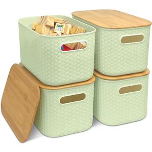 Soddeph 4 Packs Plastic Storage Bins with Bamboo Lids,Stackable Storage Containers with Lids, Storage Baskets for Organizing Desktop, Classroom, Office (Green)