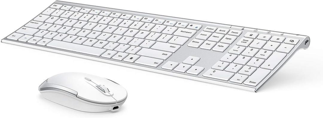 Wireless Keyboard and Mouse, Vssoplor 2.4GHz Rechargeable Compact Quiet Full-Size Keyboard and Mouse Combo with Nano USB Receiver for Windows, Laptop, PC, Notebook-White Silver (White and Silver)