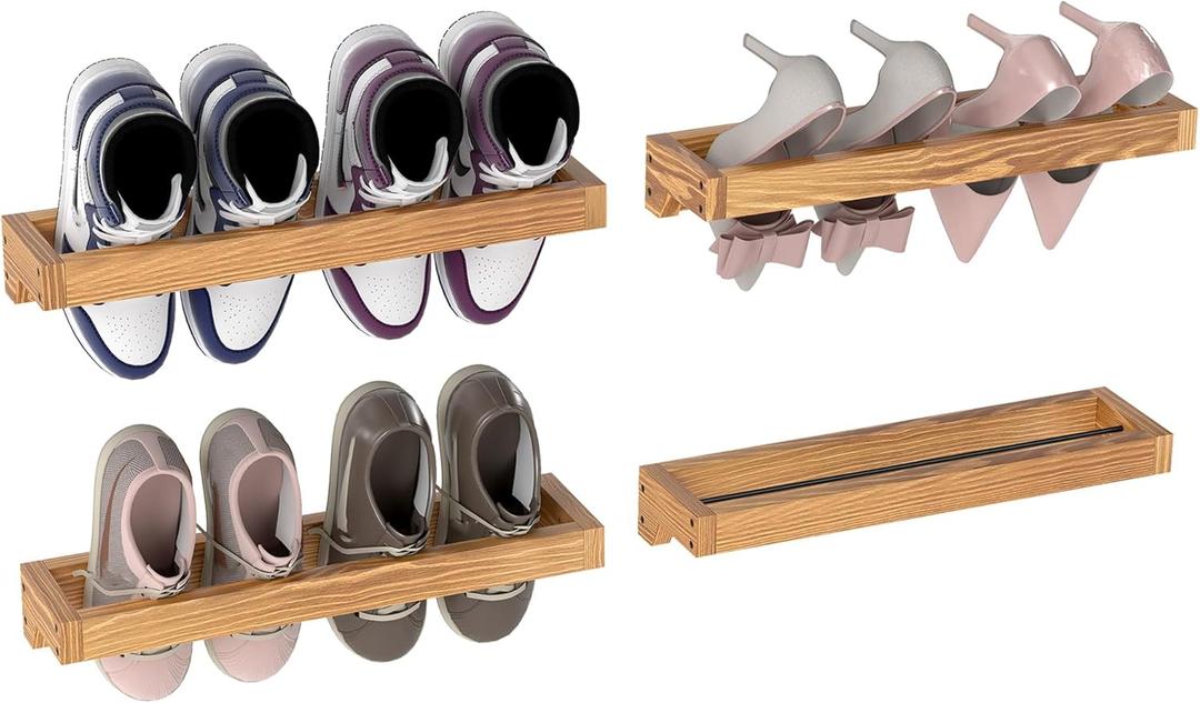 Nisorpa 20 Inch Rustic Burnt Wood Hanging Shoe Rack, Wall Mounted Shoe Rack Storage Organizer Space Saving Footwear Holder for Closet, Mudroom, Entryway, Holds 8 Pairs, Set of 4