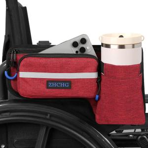 Upgraded Wheelchair Side Bag with Cup Holder, Wheelchair Armrest Pouch for Walker, Wheelchair Accessories Storage Bag- Red
