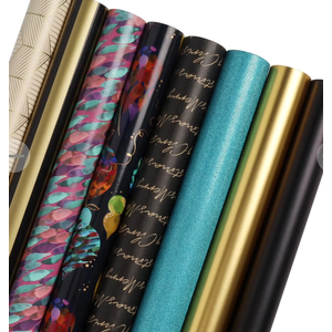 LaRibbons Black Christmas Wrapping Paper Rolls with Cutlines, 30Inch × 10Feet, 8 Rolls: 200 sq.ft.ttl, Matte Gold Black and Stripes Jewel Gift Wrap Bundle for Christmas, Holiday, Season Party