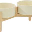 Havniva Ceramic 6.1inch Raised Dog Bowl with Stand for Small and Medium Breed Dog Dish Pet Food and Water Bowl (Double Bowl with Stand - Light Yellow, 28oz)