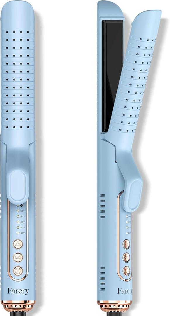 Farery Chill Set Soft-Air Curling Iron: Gentle Soft Air for Quick Styling & Long-Lasting Curls, Lock in Style with Cooling Air Vents, 2-in-1 Hair Straightener & Curler with Upgraded Long Barrel, Blue